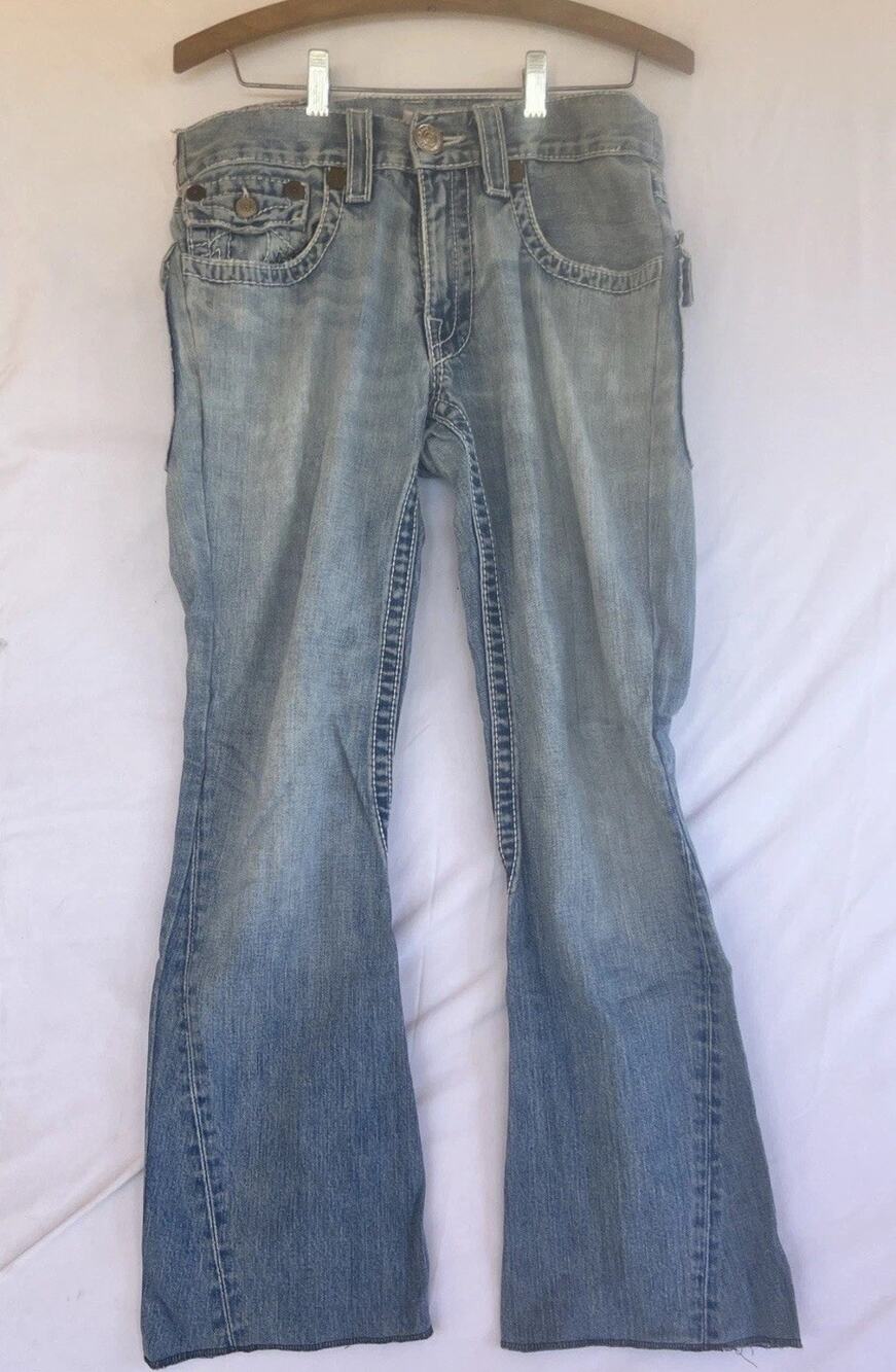 True Religion Disco Joey Big T Flare Blue Jeans Womens 33x33 White Stitching